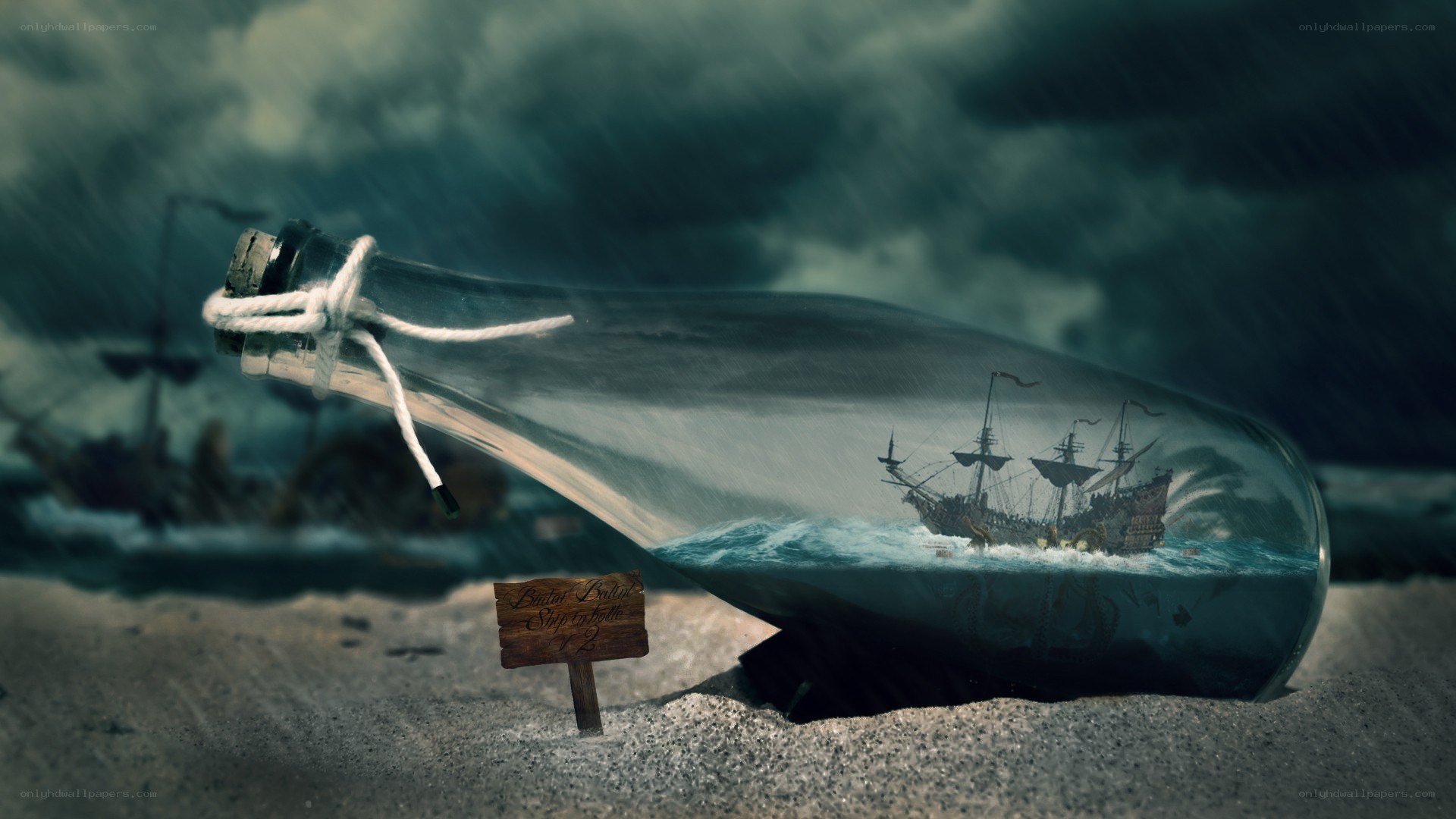 ship in a bottle on beach