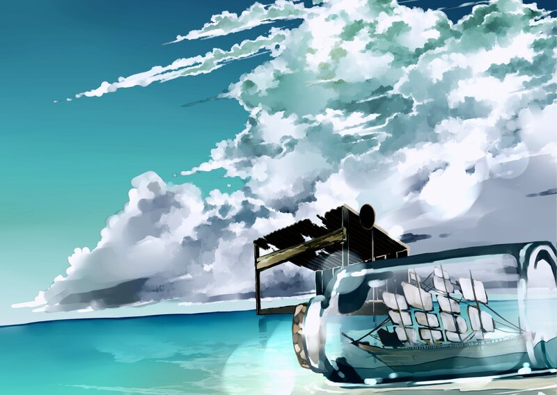 ship in a bottle on the sea