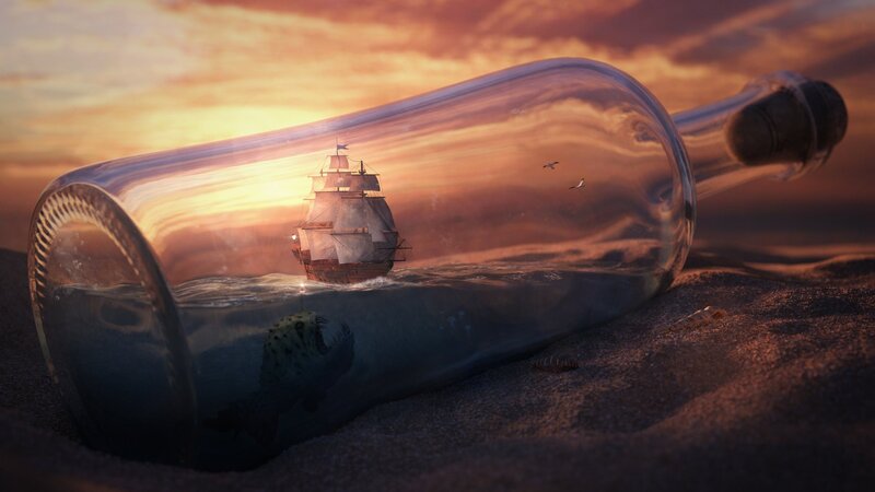 Ship in a Bottle — Orange, Dramatic, Sunset, 3d Render
