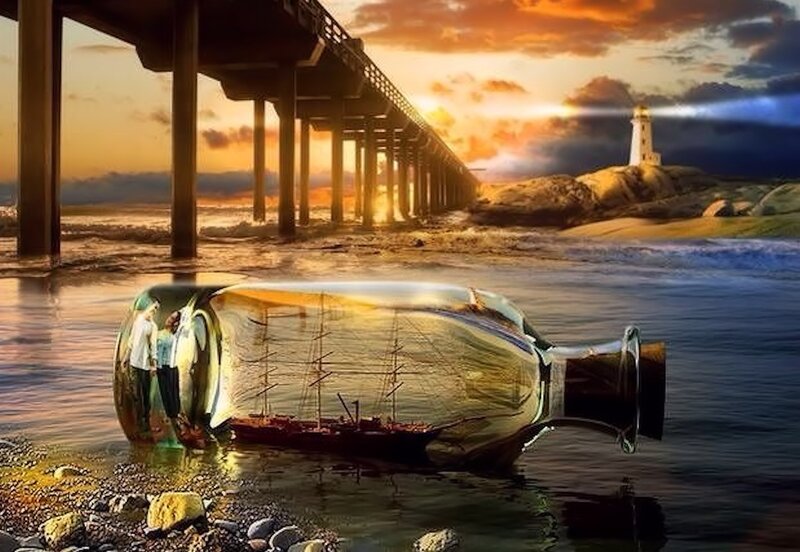Ship in a Bottle — Orange, Dramatic, Sunset, Digital Art