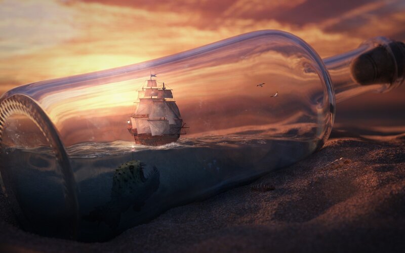 Ship in a Bottle — Orange, Dramatic, Sunset