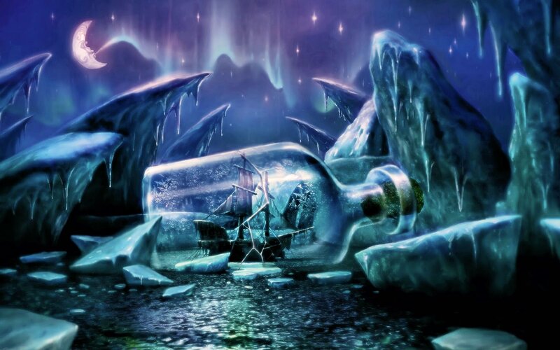 ship in a bottle under aurora