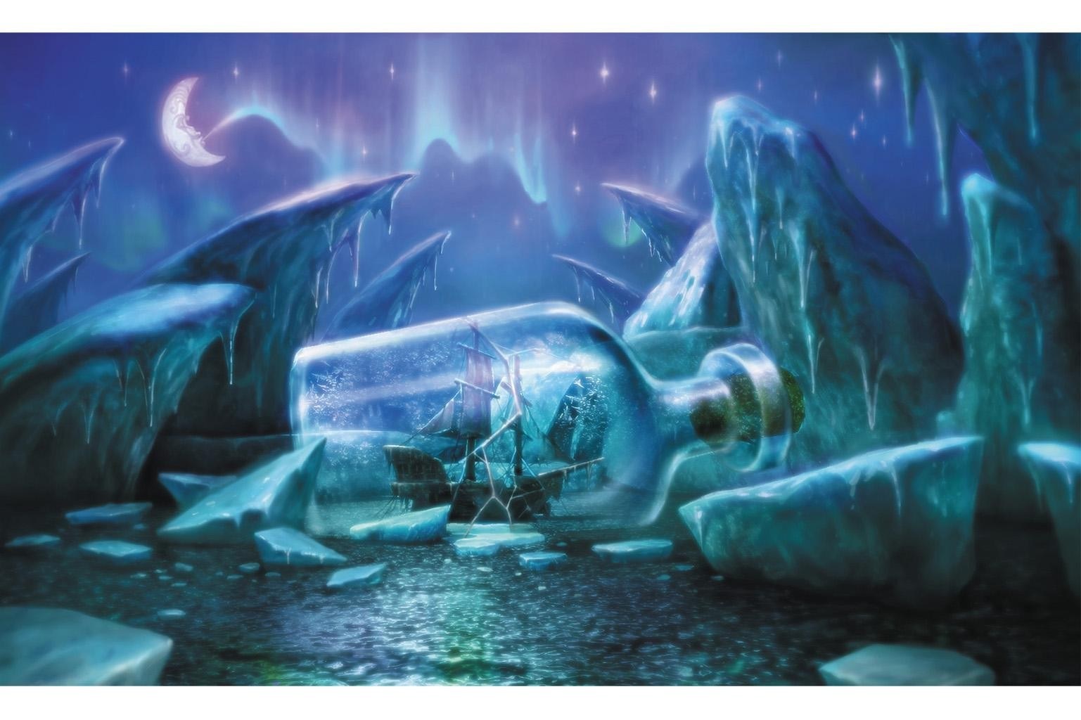 ship in a bottle under aurora