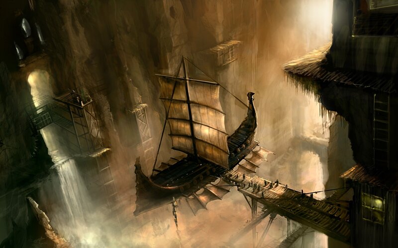 ship in a cavernous city
