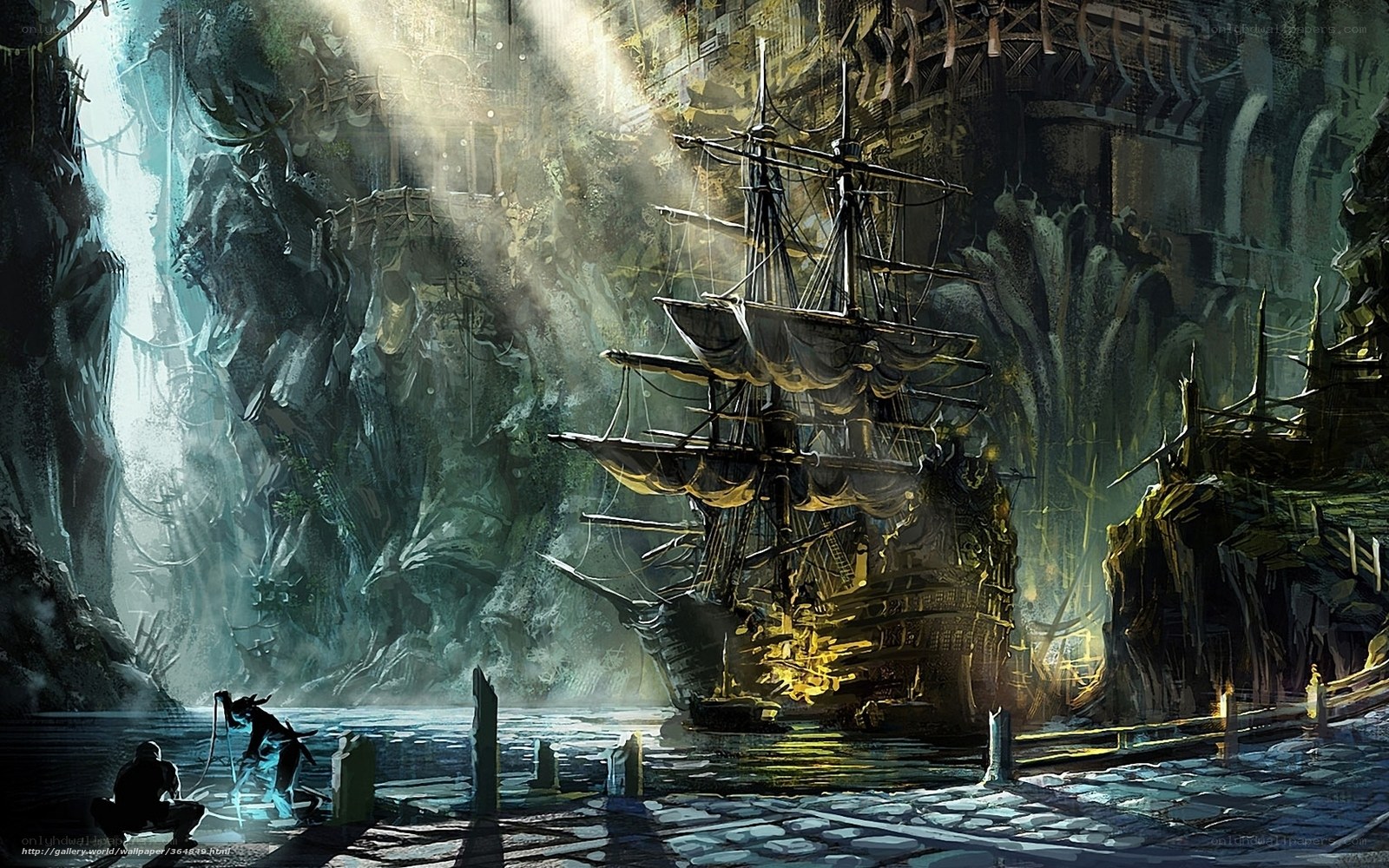 ship in a cavernous harbor