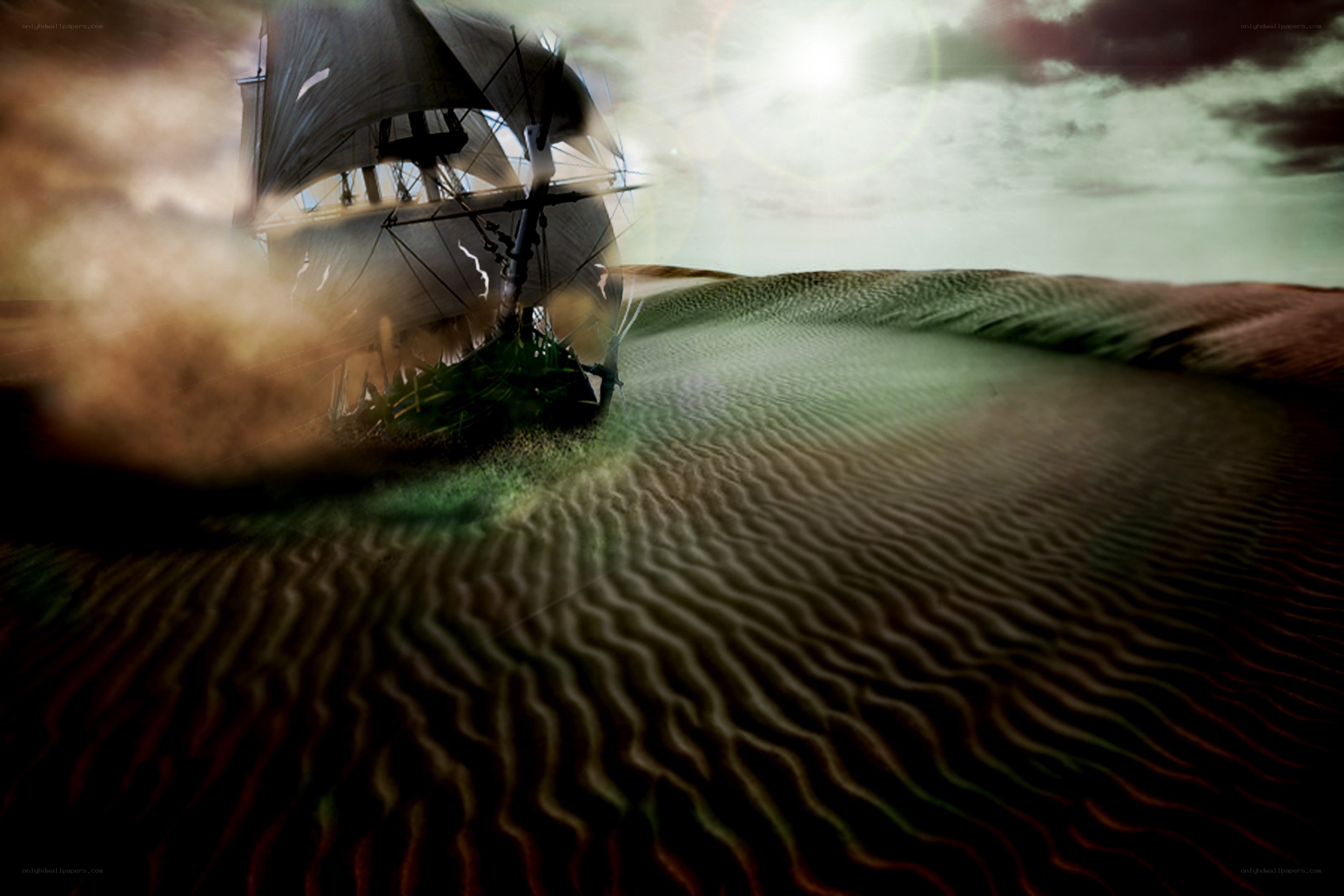 ship in a desert landscape