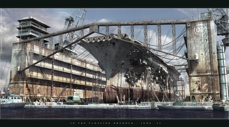 Ship in a floating drydock