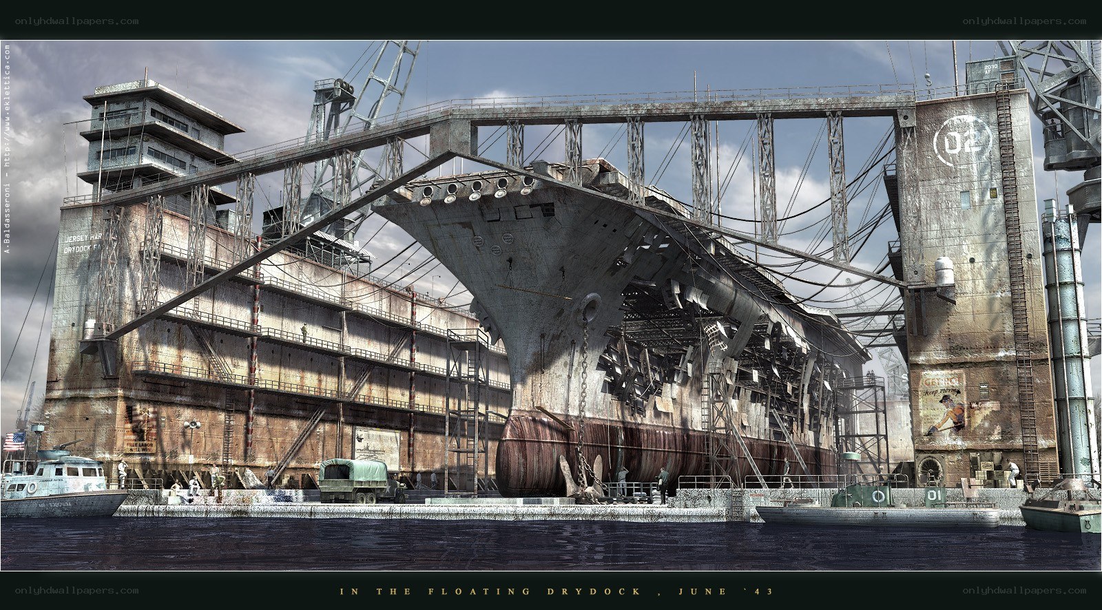 Ship in a floating drydock