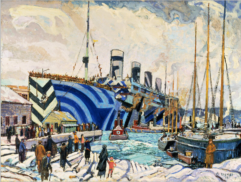 Ship in a harbor painting
