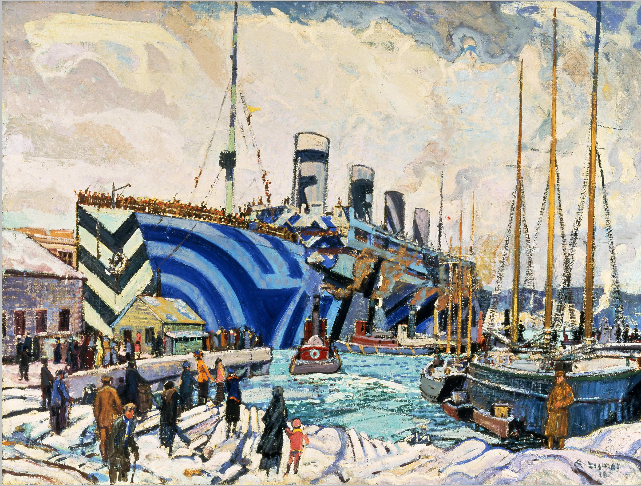 Ship in a harbor painting