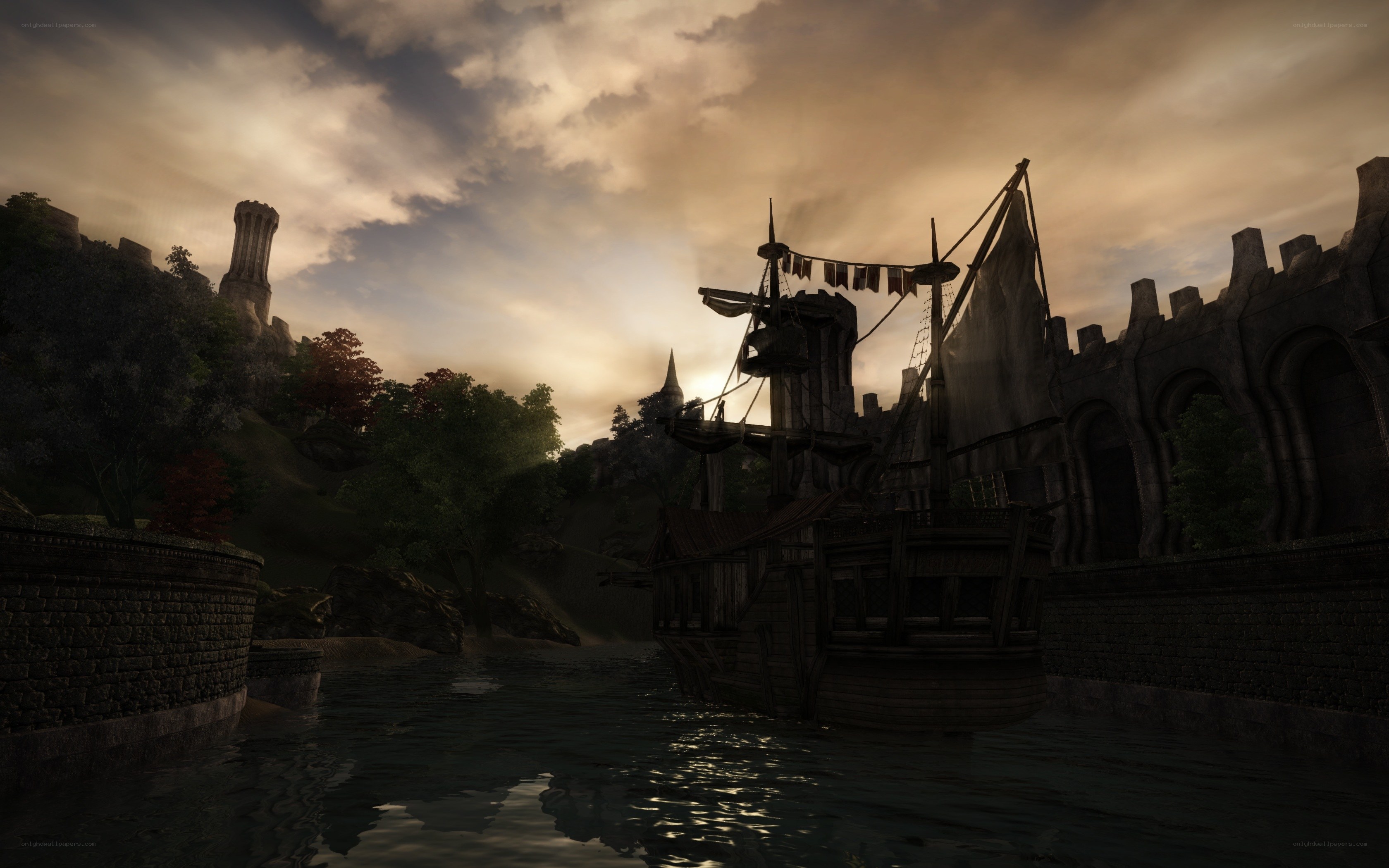 ship in a medieval harbor