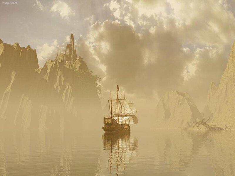 ship in a misty bay