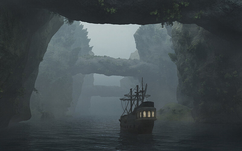 Ship in Cave Tunnel