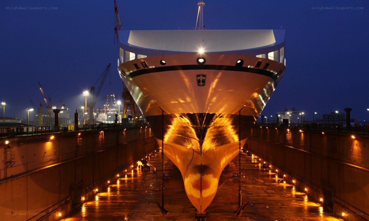 ship in dry dock at night