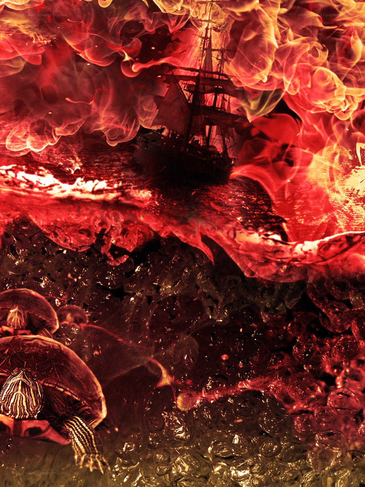ship in fiery storm