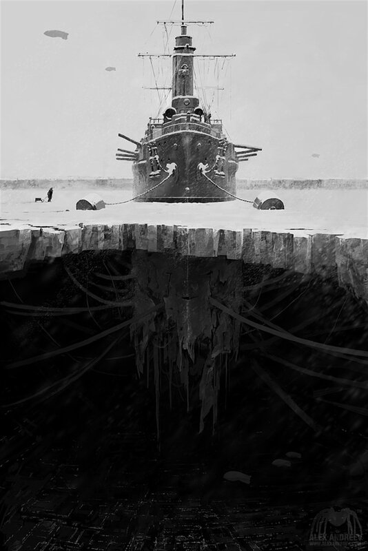 Ship in Frozen Harbor