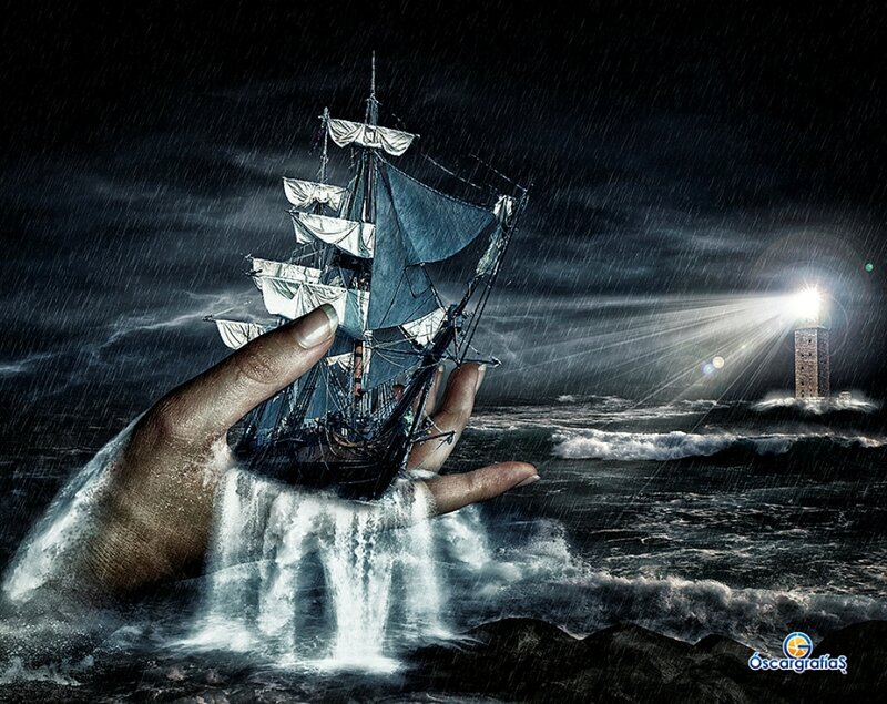 Ship in Hand on Stormy Sea