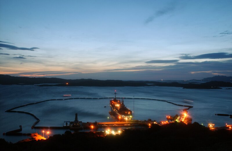 Ship in Harbor at Dusk — Blue, Serene, Night