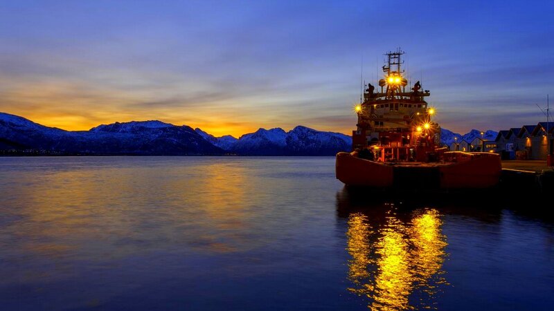 Ship in Harbor at Dusk — Blue, Serene