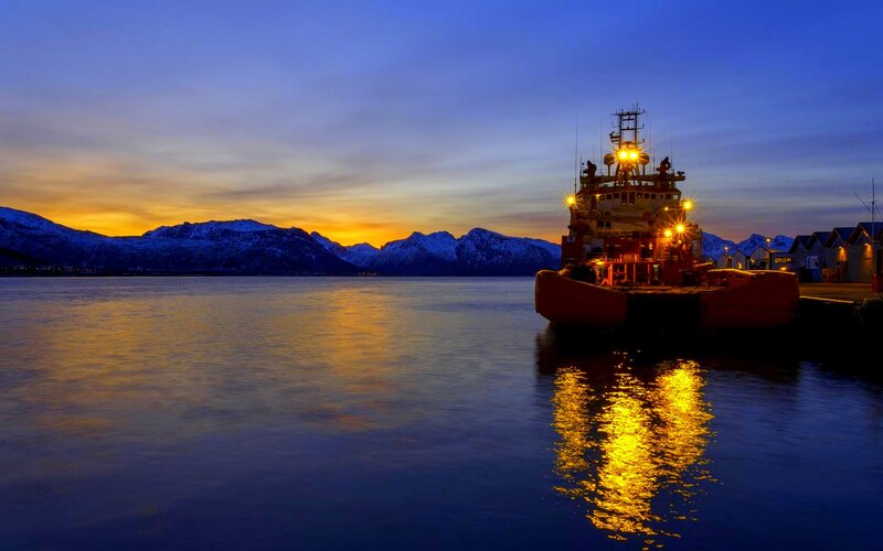 Ship in Harbor at Dusk — Blue
