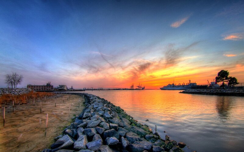 Ship in Harbor at Sunset — Orange, Serene