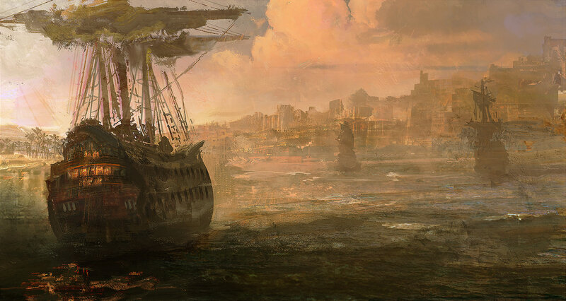 Ship in Harbor at Sunset