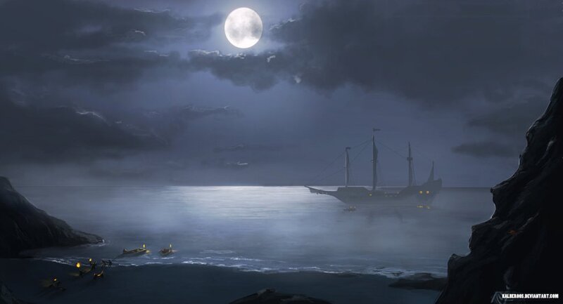 Ship in Moonlit Bay