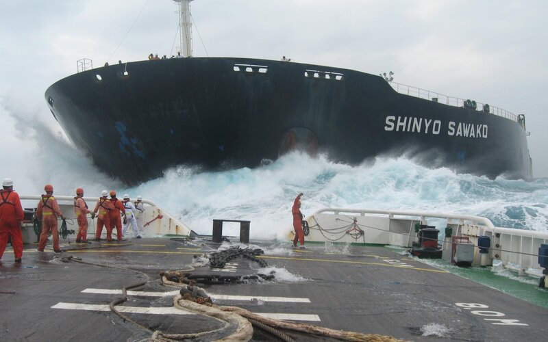 Ship in Rough Seas — Black, Dramatic, Photograph, Crew Members