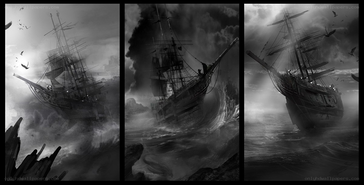 Ship in storm triptych