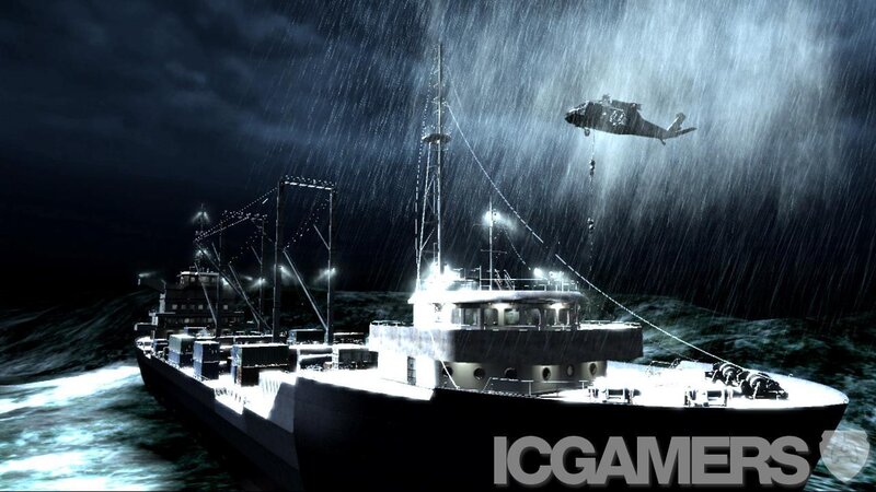 ship in storm with helicopter
