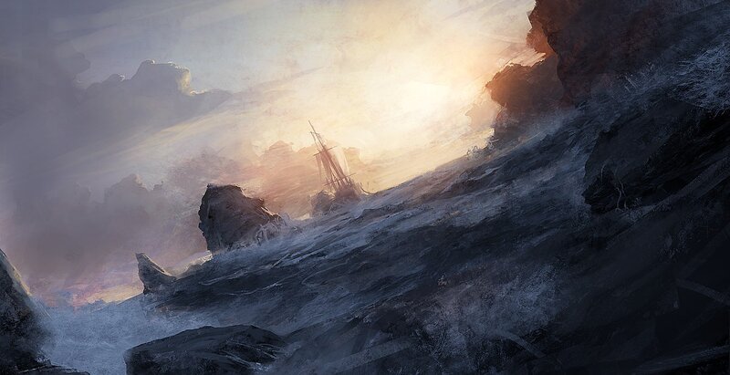 Ship in stormy sea at sunset