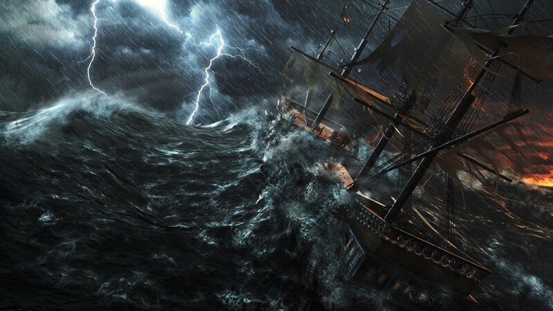 Ship in Stormy Sea — Black, Dramatic, Night