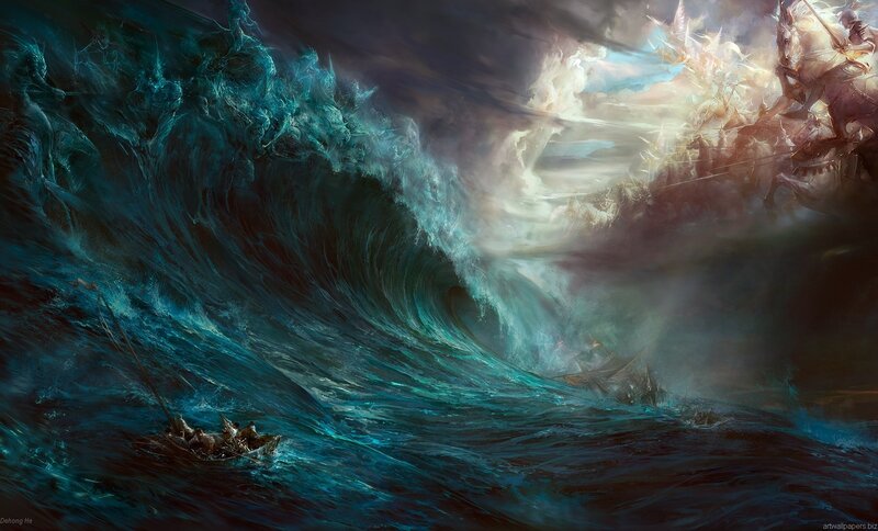 Ship in Stormy Sea — Blue, Dramatic, Digital Art