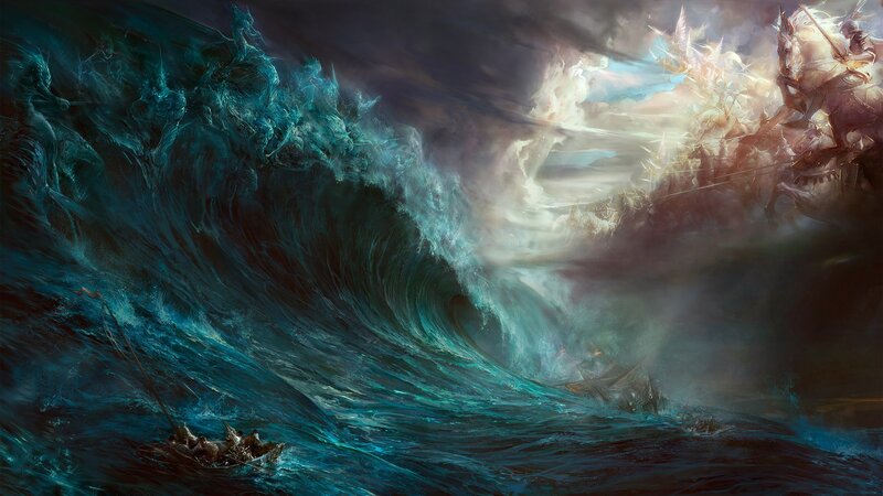 Ship in Stormy Sea — Blue, Dramatic, Digital Art, Wave, Boat