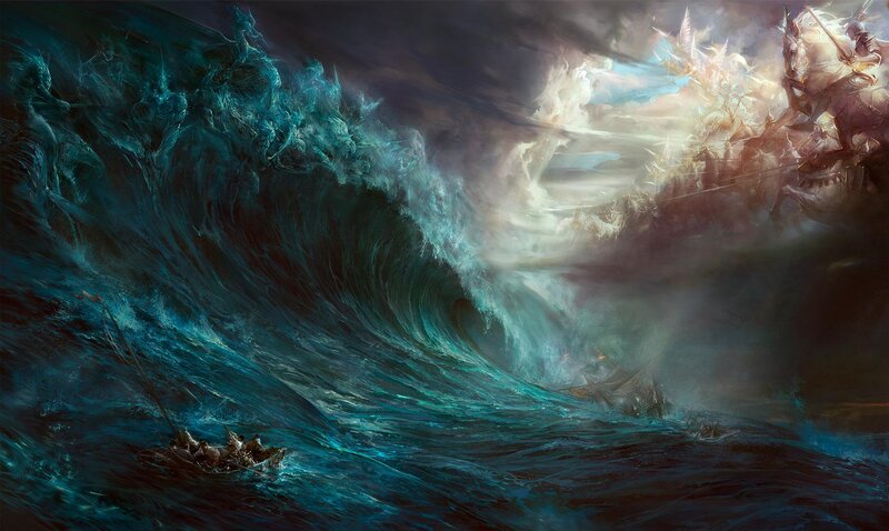 Ship in Stormy Sea — Blue, Dramatic, Digital Art, Wave