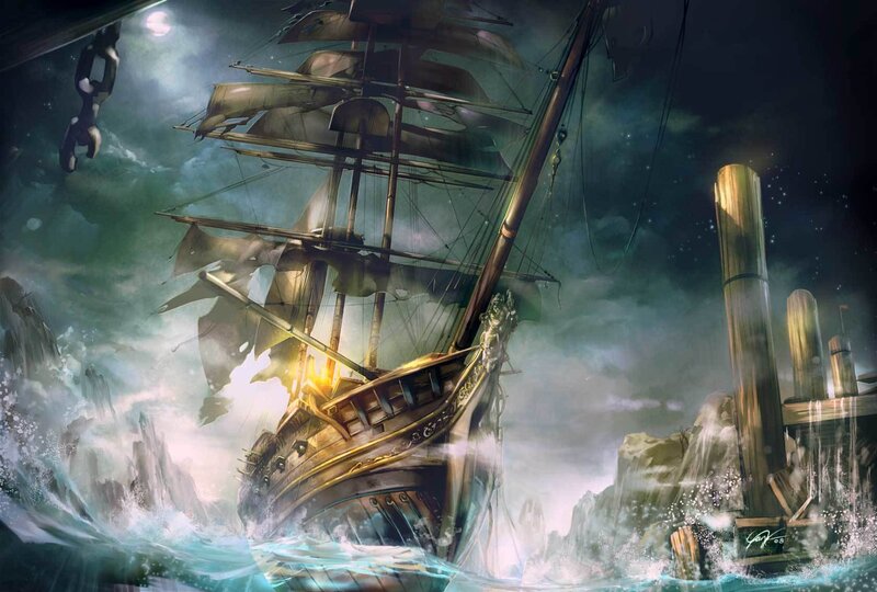 Ship in Stormy Sea — Blue, Dramatic, Night, Digital Art, Sailboat