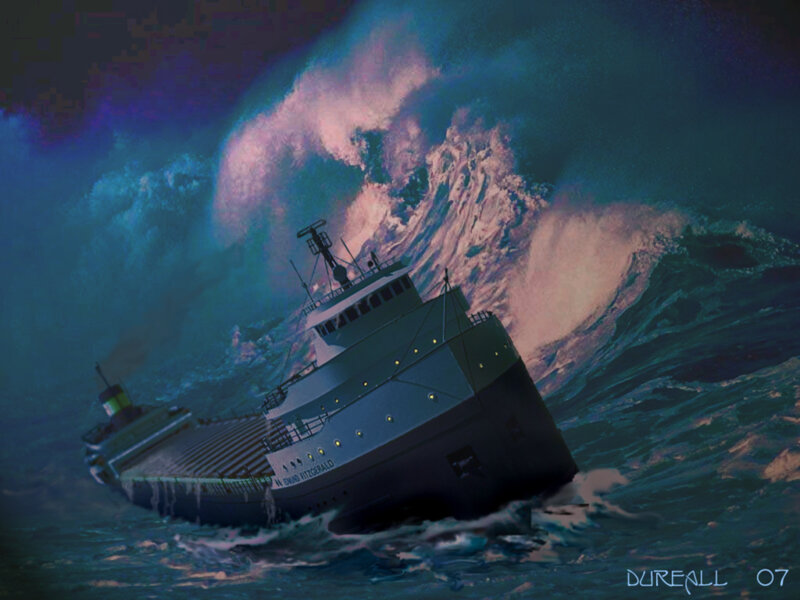 Ship in Stormy Sea — Blue, Dramatic, Night, Digital Art
