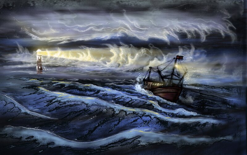 Ship in Stormy Sea — Blue, Dramatic, Night, Illustration