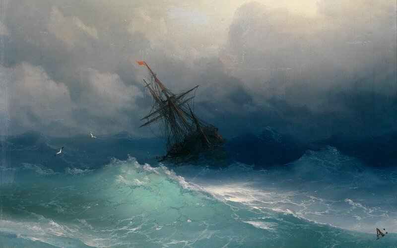 Ship in Stormy Sea — Blue, Dramatic, Painting, Sailboat