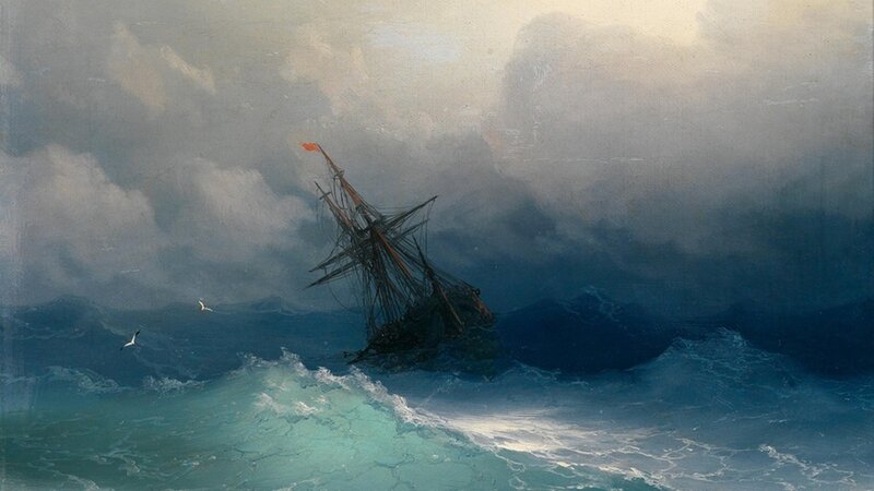 Ship in Stormy Sea — Blue, Dramatic, Painting