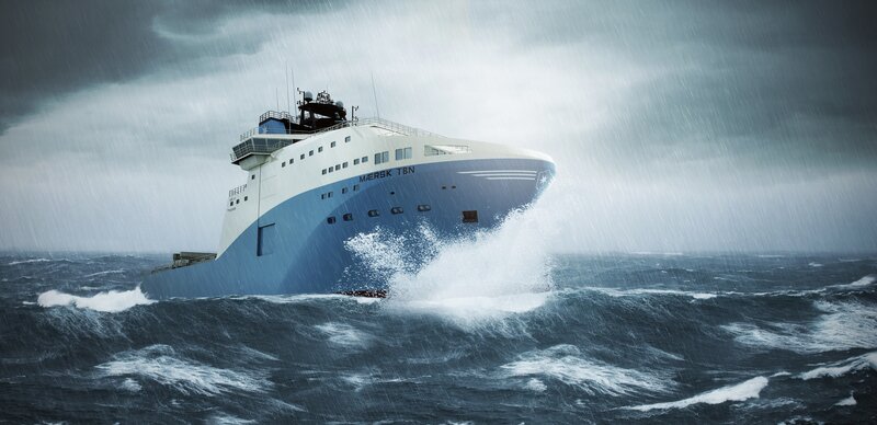 Ship in Stormy Sea — Blue, Dramatic, Photograph