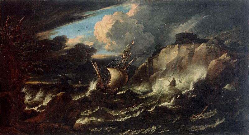Ship in Stormy Sea — Dark Blue