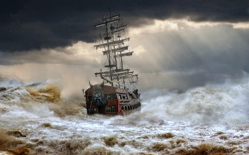 Ship in Stormy Sea — Gray, Dramatic, Digital Art, Storm
