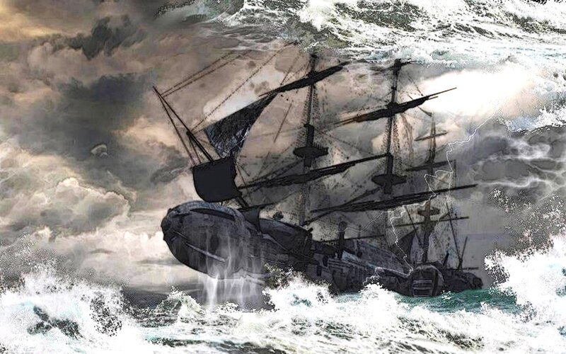 Ship in Stormy Sea — Gray, Dramatic, Digital Art