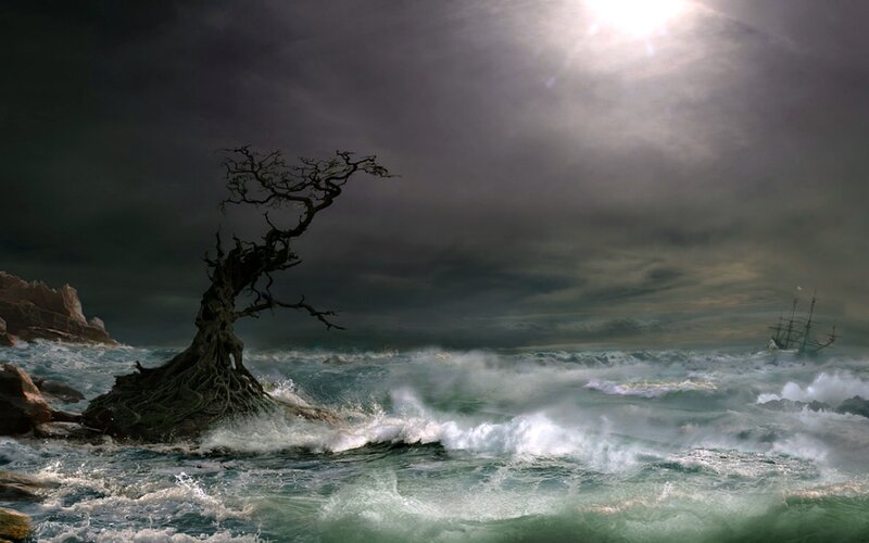 Ship in Stormy Sea — Gray, Dramatic, Night, Digital Art
