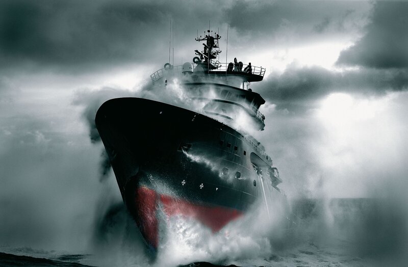Ship in Stormy Sea — Gray, Dramatic, Photograph