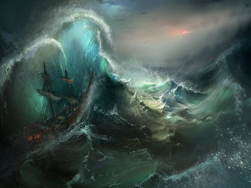 Ship in Stormy Sea — Green, Dramatic, Night, Digital Art