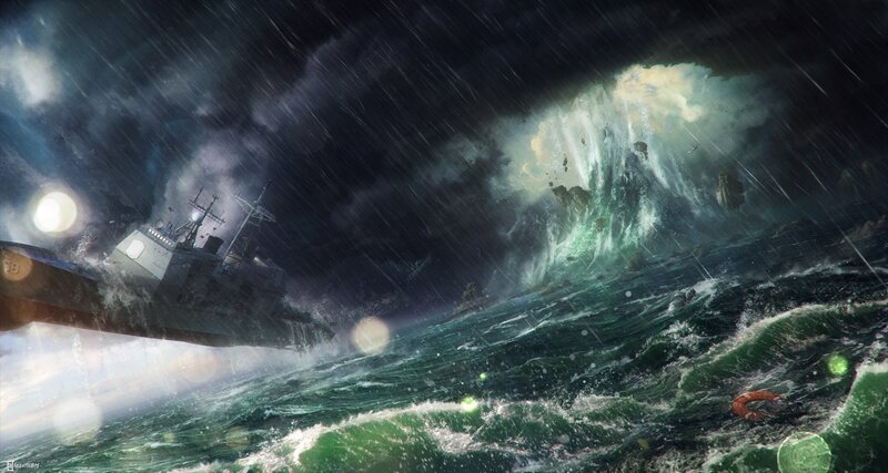 Ship in Stormy Sea — Green, Dramatic, Night, Digital Art, Waves