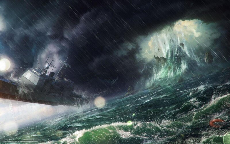 Ship in Stormy Sea — Green, Dramatic, Night