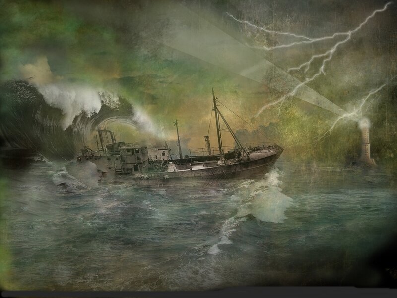 Ship in Stormy Sea — Green